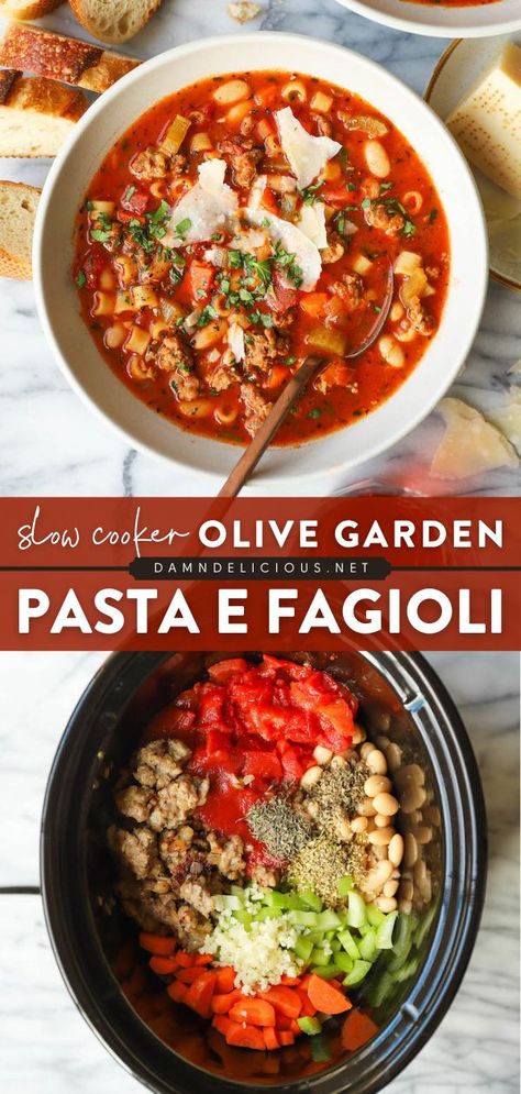 SLOW COOKER OLIVE GARDEN PASTA E FAGIOLI, crockpot, dinner ideas, comfort food, easy main dishes Pasta Fagioli Crockpot, Slow Cooker Pasta Fagioli, Olive Garden Pasta Fagioli, Olive Garden Soup, Garden Soup, Olive Garden Pasta, Garden Pasta, Pasta Fagioli Recipe, Pasta Fagioli Soup