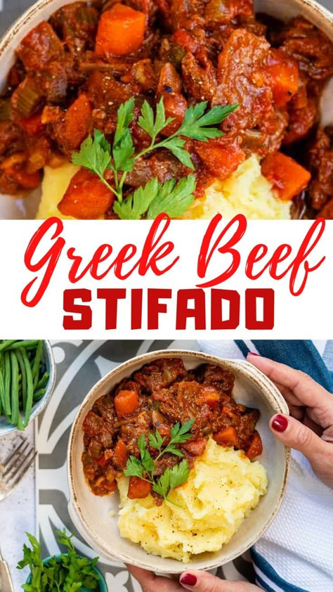 Beef Stifado Recipe Slow Cooker, Greek Stifado Recipe, Greek Stew Recipes, What To Make With Beef Stew Meat, Greek Stifado, Greek Food Recipes Authentic, Beef Stifado Recipe, Greek Beef Recipes, Greek Stew