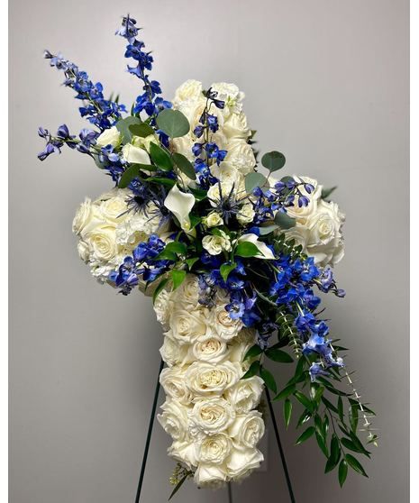 Pride, dignity, admiration and faith are on beautiful display in this moving sympathy arrangement. It's a meaningful way to deliver your heartfelt message. Sympathy Cross Flowers, Cross Arrangements, Cross Flower Arrangement, Easter Church Flowers, Cross Wreaths, Cemetery Arrangements, Standing Easel, Sympathy Floral, Casket Flowers