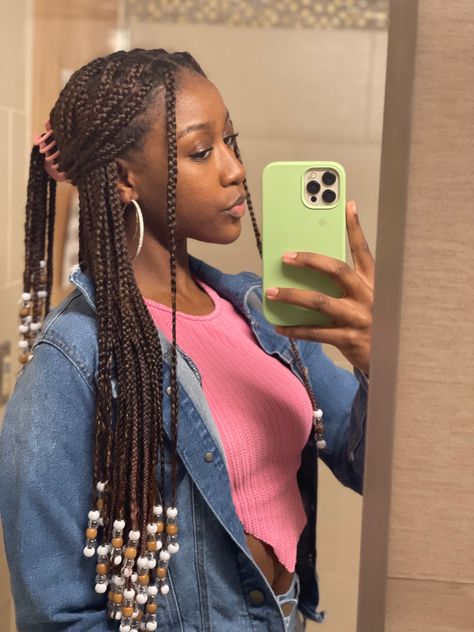 Braids With Clips Black Women, Medium Knotless Braids Beads, Not Less Braids With Beads, Claw Clip Hairstyles Braids With Beads, Pick A Boo Hair Color Ideas Braids, Knotless Braids With Clip, Light Brown Knotless Braids With Beads, Smeduiem Knotless With Beads, Braids With Beads Claw Clip