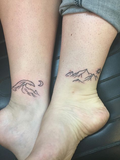 Best friend of 10 years got the mountain I got the waves. Done at Emerald Ink Tattoos in Modesto CA by Nick. Best Matching Tattoos, Matching Bff Tattoos, Matching Friend Tattoos, Cute Matching Tattoos, Tattoo Placements, Matching Best Friend Tattoos, Bestie Tattoo, Couples Friends, Inspiration Tattoo