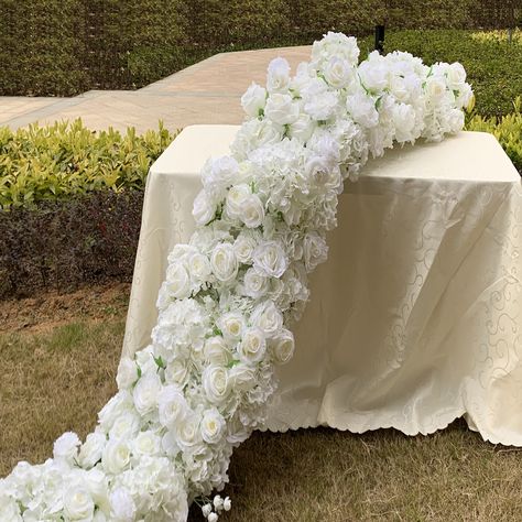 Couples Shower Decorations, Flower Runner Wedding, Floral Wedding Party, Flower Table Runner, Flower Runner, Hydrangea White, Cake Table Birthday, Wedding Archway, Flower Garland Wedding