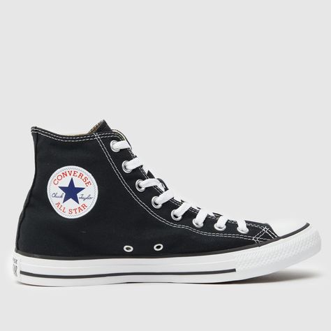 The Converse All Star Hi doesn't get much more iconic than with this black monochrome version. Boasting a black canvas upper, with classic patch branding on the inner ankle and a white vulcanised rubber sole. Ready to cop these classic kicks? We love! Mens Black Converse, Black Monochrome, Converse All Stars, Men's Converse, Christmas Tote, Black Converse, Black Trainers, Blue Pin, Trainers Black