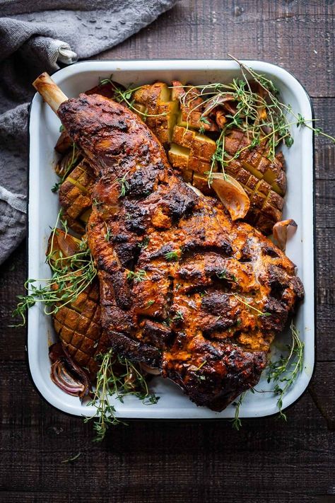 Harissa Roasted Leg of Lamb- a simple recipe for bone-in lamb roast with a flavorful crust. Leg Of Lamb Marinade, Lamb Leg Roast Recipes, Leg Of Lamb Recipe, Lamb Marinade, Lamb Leg Recipes, Roast Lamb Leg, Lamb Recipe, Fantastic Recipes, Lamb Leg