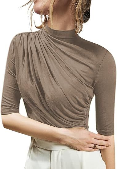 SOFIA'S CHOICE Women's Mock Neck Half Sleeve Top Slim Fit Turtleneck Ruched T-Shirts Green Large at Amazon Women’s Clothing store Turtleneck T Shirt, Fitted Turtleneck, Half Sleeve Tops, Womens Turtleneck, Mock Neck Top, Christmas 2023, Amazon Women, Half Sleeve, Half Sleeves