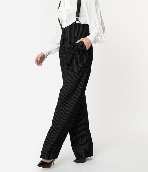 Suspender Pants, White Pin, Black Backdrops, Pin Stripe, 1930s Fashion, Vintage Pants, Model Pictures, High Waisted Trousers, Retro Outfits