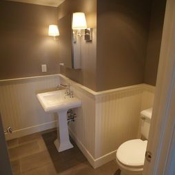 white pedestal sink with grey walls and white beadboard.    Bathroom Pedestal Sinks Design, Pictures, Remodel, Decor and Ideas - page 6 Wainscot Bathroom, Bathroom Favorites, Wc Decoration, Makeover Kamar Mandi, Wainscoting Bedroom, White Beadboard, Diy Wainscoting, Water Closet, Bathroom Design Ideas