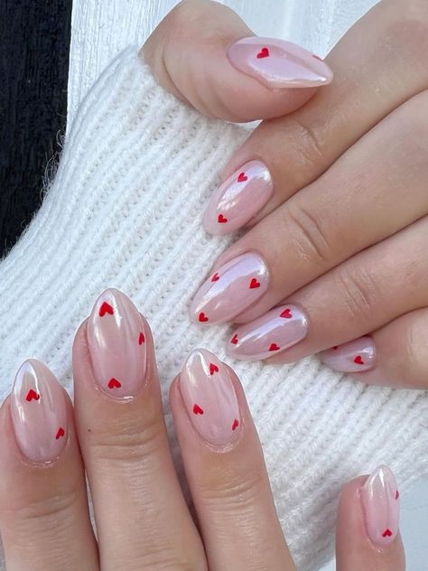 Pink And Red Love Heart Nails, Valentine’s Day Nail Aesthetic, Biab Nail Art Valentines, Valentine’s Day Nail Ideas Pink, Pink Nails With Love Heart, Valentines Biab Nail Design, Pink Heart Chrome Nails, Pink Chrome Nails Valentine’s Day, Red Love Heart Nails