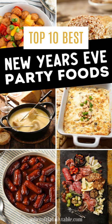 New Year's Eve party food including appetizers, finger foods, and dips. New Years Food Ideas Parties, New Year’s Eve Party Apps, Food Ideas For New Years Eve Party, New Years Menu Ideas Families, New Years Eve Easy Food Ideas, Finger Foods For New Years Eve, Nye Snack Ideas, Kid Friendly New Years Eve Food, New Year Eve Snack Ideas