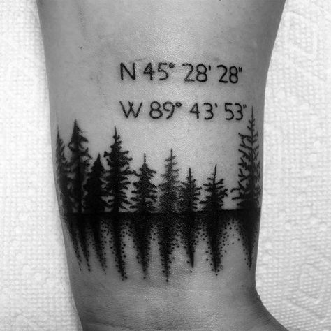 50 Coordinate Tattoo Ideas For Men - Geographic Landmark Designs Land Location Tattoo, Lake Inspired Tattoo, Alberta Tattoo Ideas, Coordinate Tattoo Ideas For Women, Coordinates Tattoo Men, Alberta Tattoo, Lake Tattoo Ideas, Lake Tattoos, Washington State Tattoo