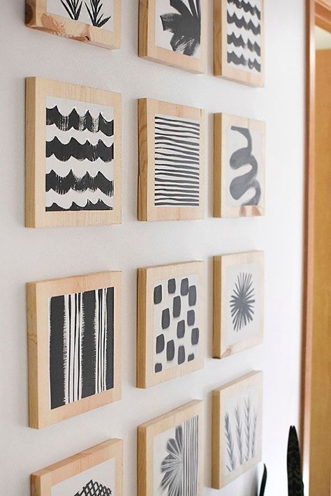 Learn how to make flush DIY Wood Block Art to hang in your home.  A simple DIY project that brings a big look with very little expense. Delineate Your Dwelling Hallway Update, Wood Block Art, Hallway Gallery Wall, Cuadros Diy, Block Art, Decor Minimalist, Anime Angel, Diy Canvas Art, Diy Home Crafts