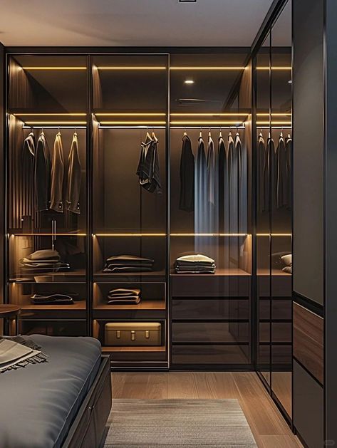 Male Dressing Room, Brown Dressing Room, Black And Wood Closet, Modern Closet Designs Small Spaces, Dark Closet Aesthetic, Dressing Room Aesthetic, Mafia House Aesthetic, Small Dressing Room Ideas, Industrial Wardrobe