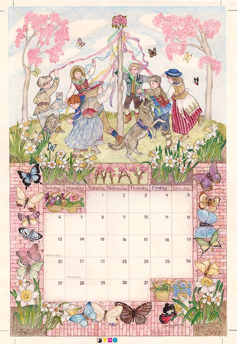 "May" original illustration by Jan Brett produced for Sunrise Publications Calendar | R. MICHELSON GALLERIES or RMichelson.com Jan Brett Illustrations, Girly Calendar, Antique Calendar, Girlie Christmas, Calendar Illustration, Calendar Themes, Watercolor Calendar, Jan Brett, Vintage Calendar