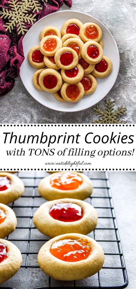 Two stacked images: thumbprint cookies in plate (top image) and thumbprint cookies on wire rack (bottom image) Finger Print Cookies With Jam, Fingerprint Cookies Thumb Prints, Easy Thumb Print Cookies Recipes, Thumb Prints Cookies, Halloween Thumbprint Cookies, Finger Print Cookies, Recipe For Thumbprint Cookies, Fingerprint Cookies, Thumbprint Cookies Recipes