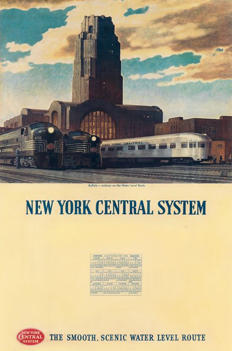 Train Advertising, Nyc Train, Poster Calendar, Railroad Images, New York Central Railroad, Railroad Art, Passenger Train, Train Posters, New York Architecture