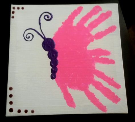 Butterfly Handprint Craft Preschool, Pink Handprint Craft, B Is For Butterfly Handprint, Butterfly Handprints Preschool, Butterfly Hand Print Craft, Cute Handprint Crafts, Mothers Day Canvas Painting Ideas Preschool, Hand Butterfly Craft, Handprint Butterflies Preschool