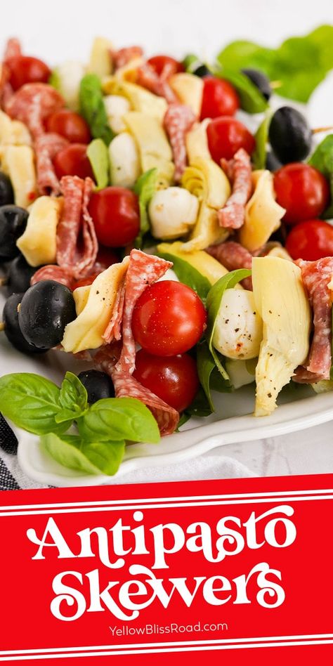 Easy to make Antipasto Skewers are like pasta salad on a stick! Made with salami, olives, artichokes, cheese, tortellini and fresh basil. Salad On A Stick, Artichoke Appetizer, Antipasto Kabobs, Tortellini Skewers, Antipasto Pasta Salads, Antipasto Skewers, Skewer Appetizers, Pasta Salad With Tortellini, Veggie Skewers