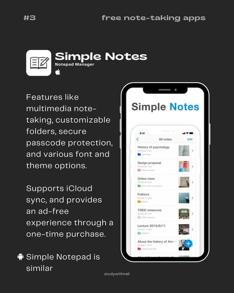 Note-Taking Apps 📝 ~ for iOS & Android phone/tablets ✨ 5 free note taking apps: 📒 Notebook 📑 Board Notes 📝 Simple Notes - Notepad Manager 📘OneNote ✏️ Nebo Hope this post is useful 🫶🏻 Don’t forget to save for later and share it with someone who needs to get organized 🫡 💭Feel free to comment of any other free note-taking app that we should all know! All these are free to use, but some have paid premium features Tags 🏷️ #notetaking #apps #studytips #ipad #studentlife #ipadnotes note takin... Free Note Taking Apps, Apps For Organization, Board Notes, Notes Simple, Note Taking Apps, History Of Psychology, Ipad Essentials, Notes App, Organization Apps