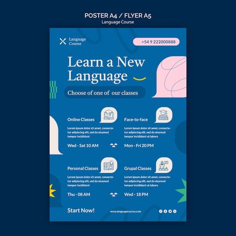 Language course vertical poster template... | Free Psd #Freepik #freepsd #class-flyer #course-flyer #learning-poster #class-poster Teaching Poster Design, Course Advertisement Design, Language Course Poster Design, Informative Flyer Design, English Course Poster Design, Courses Poster, Course Poster Design, Course Flyer Design, Education Flyer Design