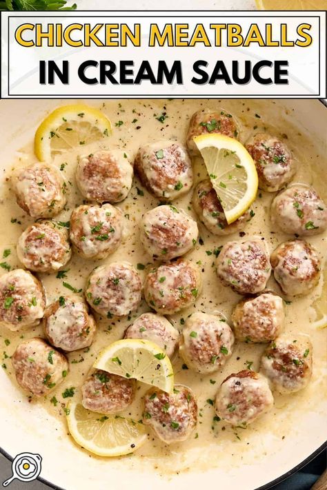 Chicken Meatballs In Cream Sauce Sauce For Turkey Meatballs, Sauce For Turkey, Meatballs In Cream Sauce, Chicken Meatball Recipe, Ground Chicken Meatballs, Meal Prep For Work, Chicken Meatball, Vegetarian Mains, Chicken Meatball Recipes