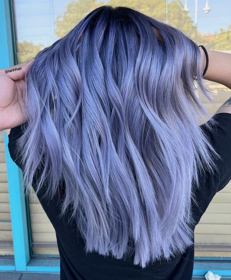 Silvery Purple Hair with Root Smudge Hair Color Blue And Purple, Silvery Purple Hair, Red Hair With Silver Highlights, Purple Natural Hair, Silver Purple Hair, Purple Hair Streaks, Purple Blonde Hair, Silver Blue Hair, Blue And Purple Hair