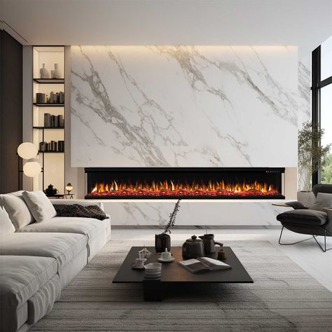 Fenton 1600W 3 Sided 100 Inch Recessed / Wall Mounted Electric Fireplace(Model:EF-FENT100) Product Information 4 viewing conﬁgurations included as standard all 3 sides of glass visible left side visible right side visible front only for an extra deep fireplace Incredible 3 sided glass viewing area 6 flame colour-changing options 10 fuel bed colour presentation 10 downlighting colours 5 Stage lighting intensity 5 levels fuel bed brightness adjustment 3 flame speed model 3D flame effect - Create a 100 Inch Electric Fireplace, Electrical Fireplace Ideas, 3 Sided Fireplace Ideas With Tv, Mens Lounge Room, 3 Sided Fireplace Ideas, Modern Electric Fireplace Wall, Electric Fireplace Ideas With Tv Modern, Tv Wall With Fireplace Modern, Modern Fireplace Wall Living Room