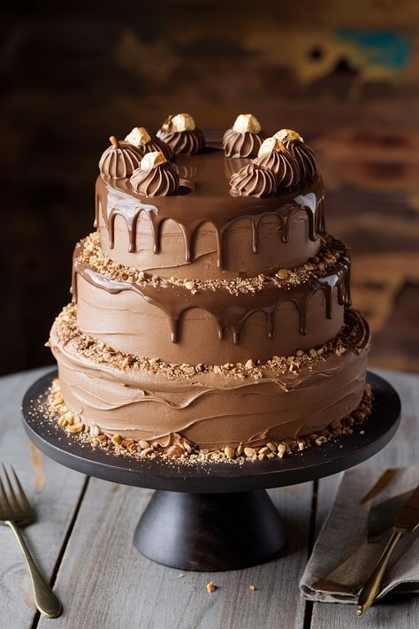 Chocolate Hazelnut Bliss: Celebrate with a Nutella Cake Idea Hazelnut Sponge Cake, Cake Presentation, Nutella Cake, Cakes Recipes, A Birthday Cake, Decadent Cakes, Elegant Cakes, Bread Cake, Birthday Treats