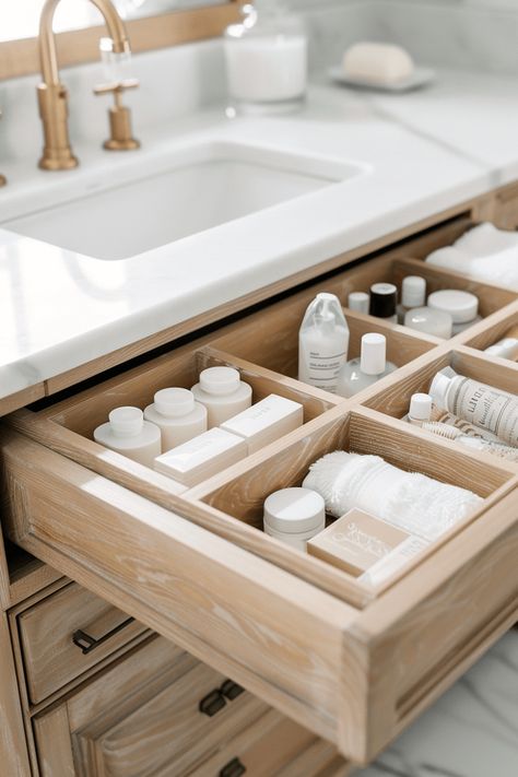 open bathroom vanity drawer with dividers in it to organize bathroom accessories Organize Drawers Bathroom, Primary Bathroom Organization, Bathroom Deep Drawer Organization, Bathroom Vanity Drawer, Open Bathroom Vanity, Bathroom Must Haves, Organize Bathroom, Bathroom Vanity Organization, Tranquil Bathroom