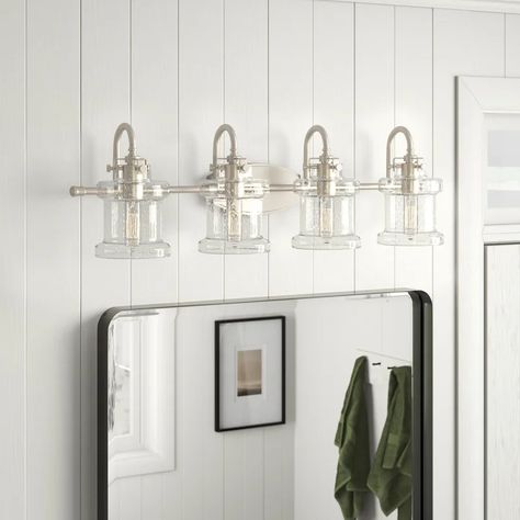 Sand & Stable Cory 4 - Light Dimmable Vanity Light & Reviews | Wayfair Brushed Nickel Light Fixtures, Coastal Bathroom Lighting, Nickel Light Fixtures, Coastal Farmhouse Bathroom, Vanity Lighting Over Mirror, Bathroom Brushed Nickel, Brushed Nickel Bathroom, Bathroom Redo, Coastal Farmhouse