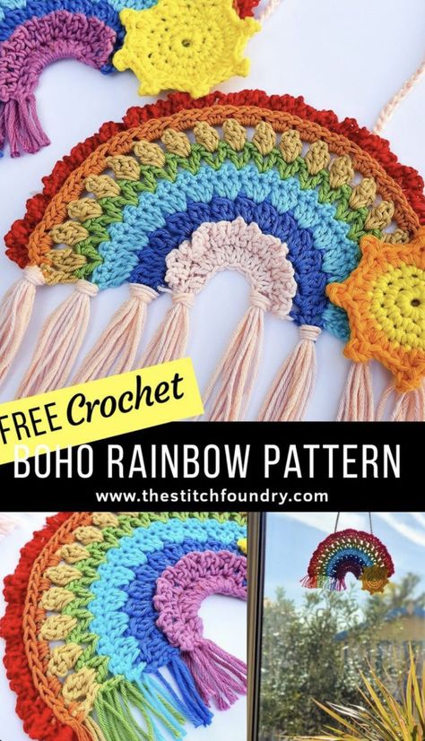 DIY Boho Crochet Rainbow Free Crochet Rainbow Patterns, Crochet Wall Art Pattern Free, Yarnspirations Patterns Free Crochet, Crochet Rainbow Pattern Free, Boho Crochet Patterns Free, Arco Iris Crochet, Crochet Rainbow Pattern, Crocheted Rainbow, Chirstmas Decor