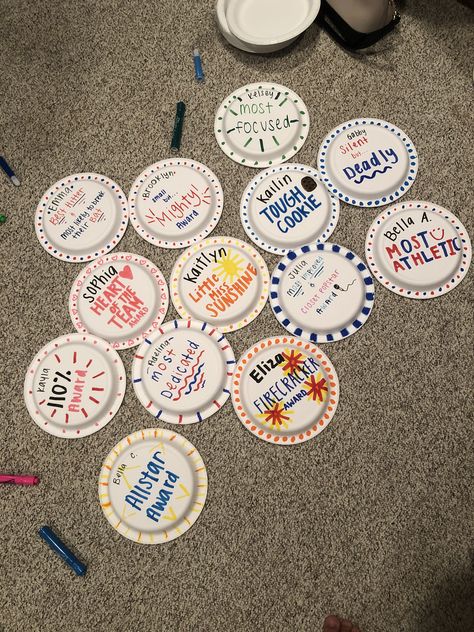 Basketball Paper Plate Awards, Swim Camp Ideas, Swim Superlatives, Paper Plate Awards For Cross Country, Paper Plate Awards Soccer, Volleyball Mvp Award, Paper Plate Awards Swimming, Swim Paper Plate Awards, Funny Softball Awards Ideas