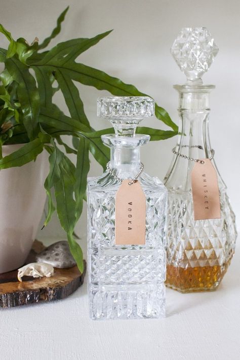 Vintage Alcohol Bottles, Crystal Decanter Display, Crystal Liquor Bottles, Decanter Display, Leather Plant Hanger, Liquor Bottle Labels, Decanter Labels, Beautiful Ceramics, Stamped Leather