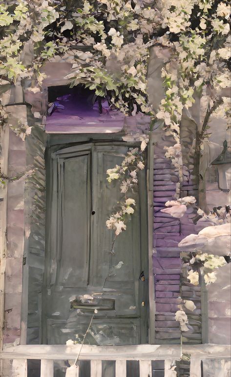 Green Aesthetic Wallpaper Painting, Purple And Green Aesthetic Wallpaper, Mint Green Door, Iphone Background Wallpaper Aesthetic, Purple And Green Aesthetic, Lilac Cottage, Green Aesthetic Wallpaper, Lilac And Green, Wallpaper Painting