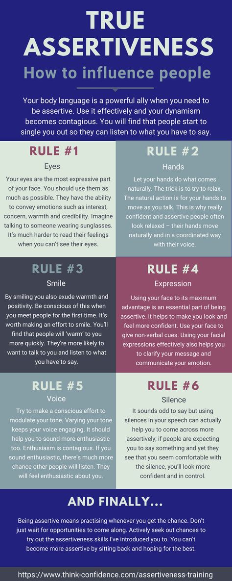 How to be more assertive. 6 key rules. Click infographic to learn the best ways to get people to listen to you and come across more confidently and assertively. #assertive #assertiveness #infographic #tips #techniques Be More Assertive, Assertiveness Training, How To Influence People, Personality Development, In The Bedroom, Psychology Facts, The Bedroom, Body Language, Self Improvement Tips