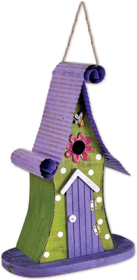 PRICES MAY VARY. FAIRYTALE DECORATIVE BIRDHOUSE: Has a charming cottage style - corrugated metal roof with rustic wood framing, and a weathered finish; purple front door cleanout DIMENSIONS: Measures approximately 9.4 x 5.9 x 12.4-inches; sturdy rope for easy hanging HAND CRAFTED & FINISHED: With an adorable Gerber daisy pink bird entrance, purple door, and a honeybee accent MAKES A SPECIAL GIFT: Garden art makes a great housewarming, birthday or anniversary gift for friends or family; DECORATIV Purple Front Doors, Green Patio, Anniversary Gift For Friends, Corrugated Metal Roof, Bird Houses Ideas Diy, Purple Door, Country Gardens, Bird Houses Painted, Decorative Bird Houses