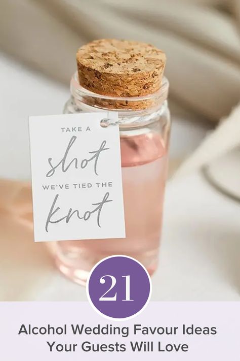 From miniature bottles to shot glasses and boozy lollipops, these are the best alcohol wedding favour ideas that will keep the celebrations going! Shots Wedding Favours, Wedding Shots Alcohol Ideas, Wedding Favors Shots, Wedding Ceremony Alcohol Shots, Alcoholic Wedding Favours, Mini Bottle Wedding Favors, Wedding Favor Alcohol, Shot Glass Wedding Favors Ideas, Shot Wedding Favours