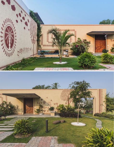 Warli Art Painting adds a charm to this Rural House-Design work group - Modern Architecture in india Exterior Art Wall, Warli Painting Ideas On Wall, Warli Art Painting, Wall Design Painted, Exterior Wall Insulation, Exterior Wall Art, Beautiful Wall Painting, Marriage Hall, Contemporary Residence