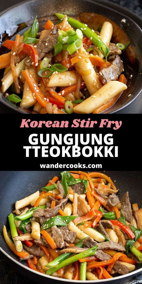 If you're in the mood for non-spicy tteokbokki, Gungjung Tteokbokki is the dish for you. This Korean Royal Court dish is a super easy stir fry made with chewy rice cakes in a soy and sesame base that comes together in under 15 minutes. Gungjung Tteokbokki, Spicy Tteokbokki, Healthy Korean Recipes, Korean Food Side Dishes, Tteokbokki Recipe, Makanan Rendah Kalori, Easy Korean Recipes, Korean Rice Cake, Korean Side Dishes