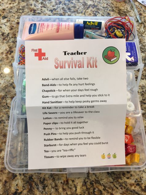 Teacher Survival Kit | Healthy Creative Home Student Survival Kits, Teacher Survival Kit, Teacher Appreciation Themes, Survival Kit Gifts, School Survival Kits, Appreciation Gifts Diy, Staff Appreciation Gifts, Teacher Gift Baskets, Survival Kit For Teachers