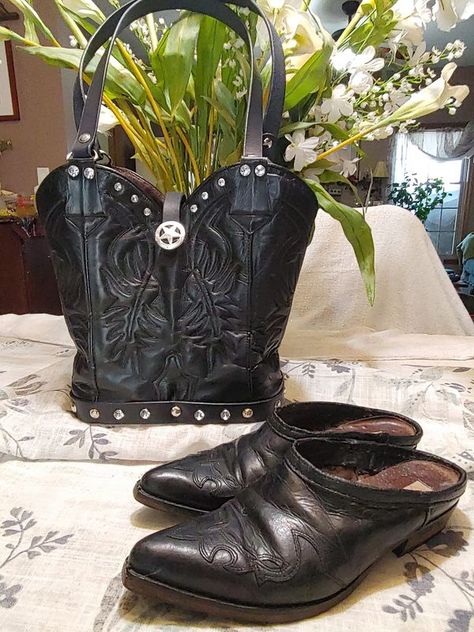 Recycle, Reuse and Repurpose! | Custom made from 45 yr old cowboy boots | Facebook Repurpose Cowboy Boots, Old Boots Repurpose, Old Cowboy Boots, Old Cowboy, Leather Creations, Old Boots, Boredom Busters, Crafty Things, Repurpose