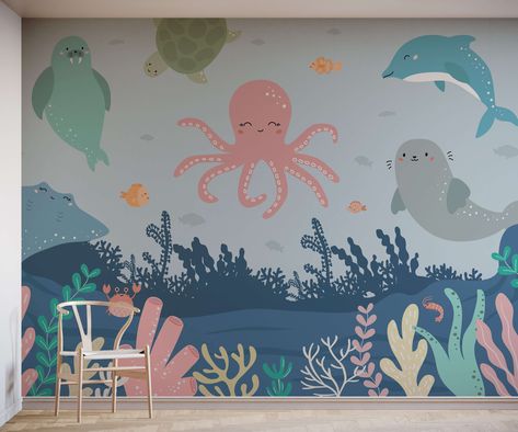 Nursery Mural Under The Sea, Nursery Wall Mural Painting, Baby Room Wall Art Paint, Under Sea Mural, Under The Sea Mural Painting, Under The Sea Toddler Room, Under The Sea Playroom, Ocean Mural Painting, Toddler Room Mural