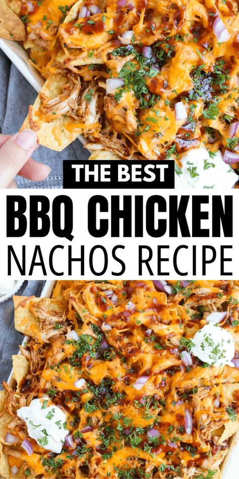 Looking for an easy chicken nachos recipe? Our oven-baked BBQ chicken nachos are simple to prepare and packed with flavor! With shredded BBQ chicken and all your favorite toppings, this dish is sure to impress. Pin this for your next party! Homemade Nachos Chicken, Bbq Chicken With Rotisserie Chicken, Smoked Chicken Nachos, Oven Nachos Recipes, Shredded Rotisserie Chicken Recipes, Barbecue Chicken Nachos, Easy Chicken Nachos Recipe, Easy Sheet Pan Nachos, Bbq Chicken Nachos Recipe