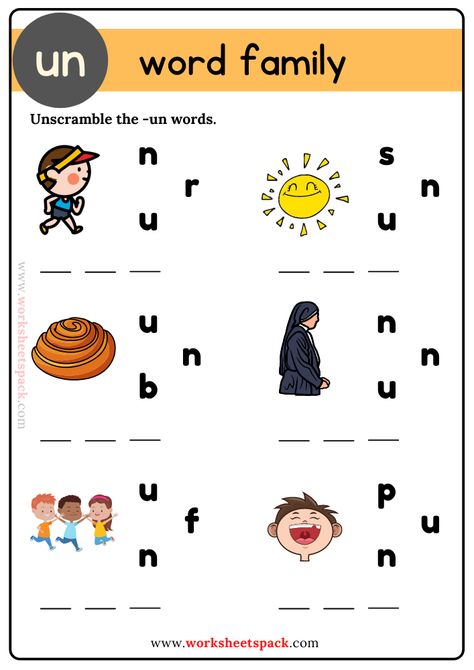 Un Family Words Worksheet, Four Letter Words For Kids, An Word Family, Word Puzzles For Kids, Family Words, Two Letter Words, Family Worksheets, Jumbled Words, Phonics Reading Passages