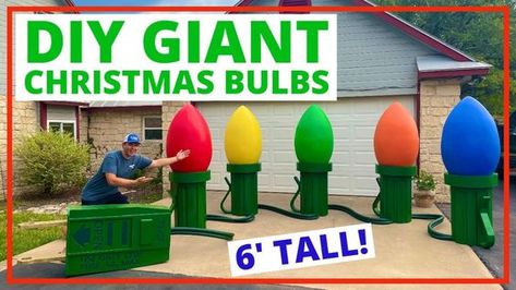 Giant Outdoor Christmas Lights, Giant Christmas Lights Soda Bottles, Outside Yard Christmas Decorations, Diy Christmas Lights Decor, Big Christmas Lights Bulbs Diy, Blow Up Christmas Decorations Yards, Christmas Yard Themes, Diy Giant Christmas Lights Soda Bottles, Giant Light Bulb Christmas