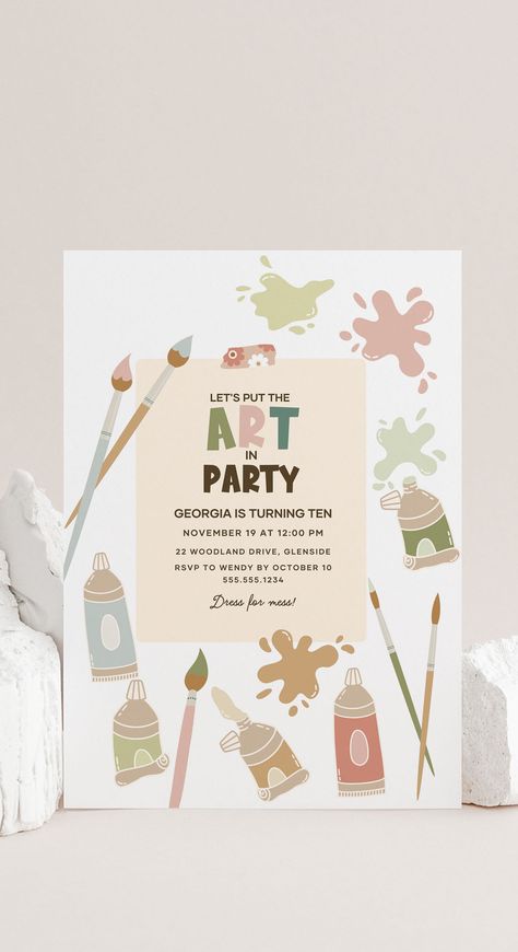 Try out the free demo at Etsy now to see how easy it is to edit these invitations! Perfect for a kids' painting party or arts and craft themed celebration. Art Party Decor, Art Party Invitations, Template Art, Painting Birthday, Event Graphics, Kids Painting, Painting Party, Party Inspo, Art Theme