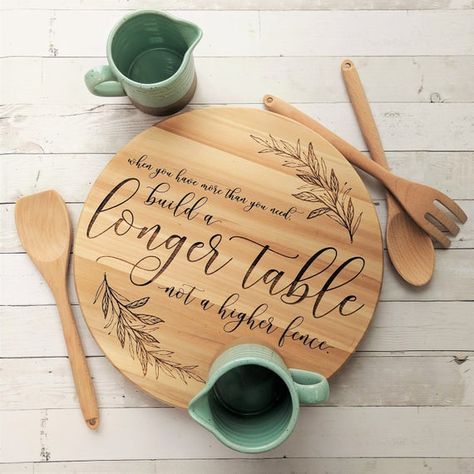 Lazy Susan Designs, Table Lazy Susan, Wood Lazy Susan, Laser Engraved Gifts, Light Colored Wood, Laser Engraved Ideas, Maker Project, Framed Quotes, Long Table