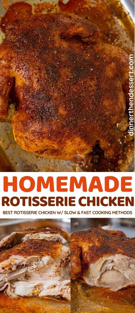 Rotisserie Chicken, made in your own oven! #dinner #chicken #rotisseriechicken #roastedchicken #ovenbakedchicken #dinnerthendessert Best Rotisserie Chicken Recipe, Homemade Rotisserie Chicken, Comfort Food Sides, Rotisserie Chicken Seasoning, Rotisserie Chicken Recipe, Oven Chicken Recipes, Whole Chicken Recipes, Chicken Recipies, Dinner Chicken