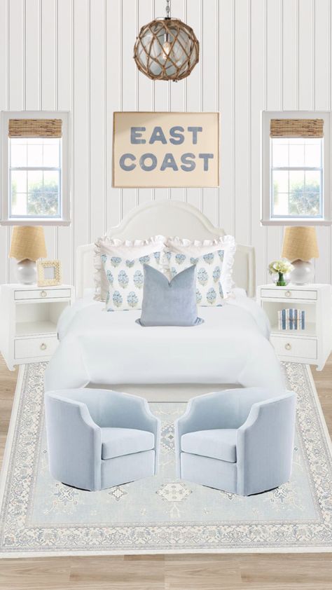 East coast, coastal, grand millennial bedroom inspo! Coastal Grandma Bedrooms, Coastal Granddaughter Bedroom Decor, Blue And White Girls Bedroom, Coastal Grand Millennial, Coastal Grandmother Bedroom, Millennial Bedroom, Grand Millennial Bedroom, Coastal Preppy Bedroom, Blue Coastal Bedroom