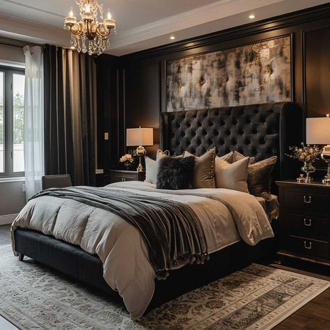 6+ Stunning Black Furniture Bedroom Ideas to Impress • 333+ Art Images Black Velvet Bed Frame Bedroom Ideas, Black Bedroom Bedding Ideas, Dark Headboard Bedroom Ideas, Mafia Bedroom Aesthetic, Black Bedframe Bedroom Ideas Aesthetic, Dark Bedroom Ideas Luxury, Black Rooms Ideas, Dark Bedroom Luxury, Dark Bedroom Ideas Black