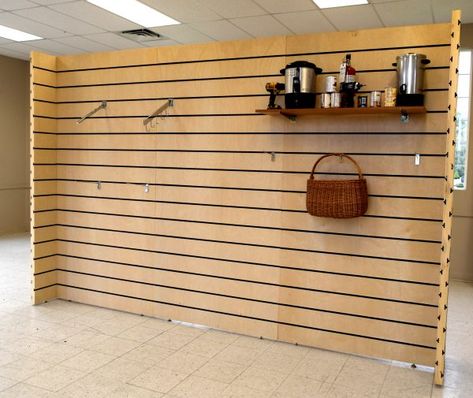 Slat Wall Storage, Wedding Booth, Retail Display Shelves, Slat Wall Display, Wooden Wall Design, Wall Insert, Retail Store Interior Design, Pivot Door, Trade Show Displays